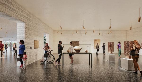 Interior gallery rendering with visitors viewing art