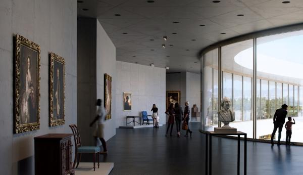 Gallery with art and floor to ceiling windows on the right