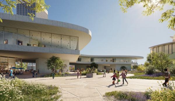 Rendering of museum gallery building with visitors outside