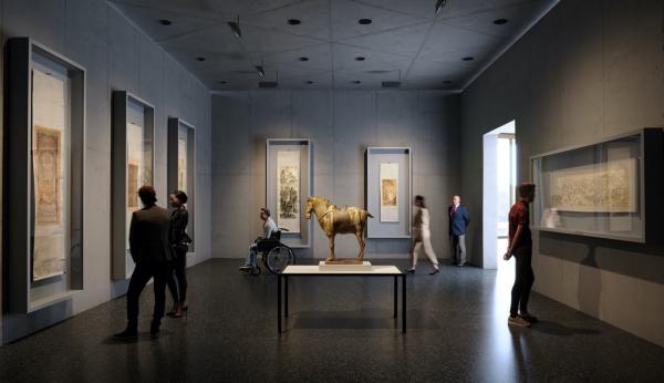 Rendering of gallery with art and visitors