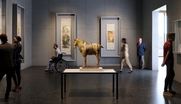 Sculpture of horse in the middle of a dark art gallery with visitors