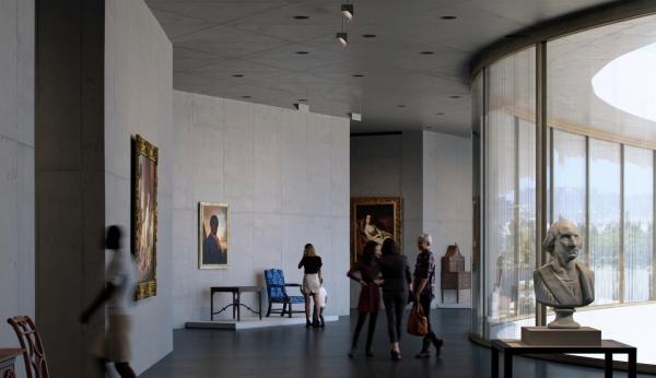 Visitors in sun-lit galleries with art on view