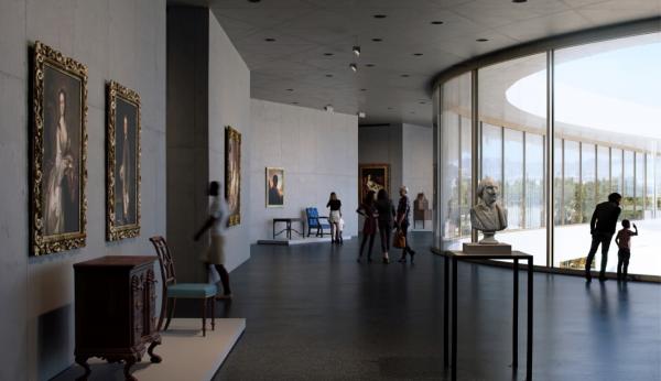 Rendering of gallery with floor to ceiling glass windows on the right filled with art and visitors