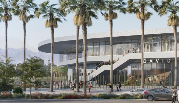 Rendering of gray museum building seen from across the street and framed by tall palm trees