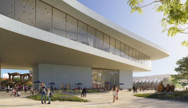 Exterior rendering of concrete and glass building with people and greenery