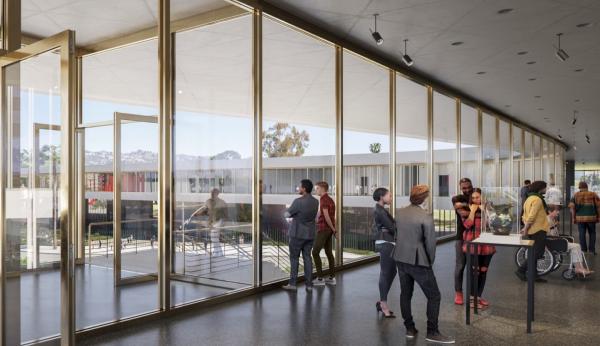 Rendering of gallery with floor to ceiling windows with people