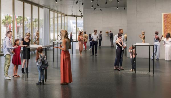 Rendering of visitors in gallery with art