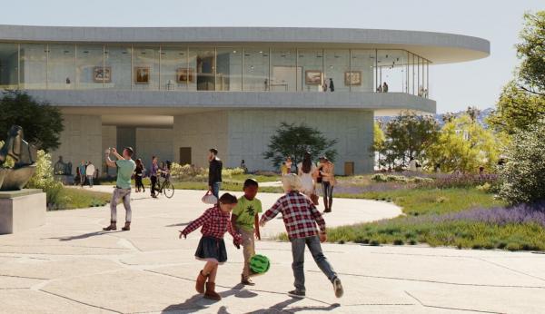 Rendering of children playing with a ball in front of a tall light gray building