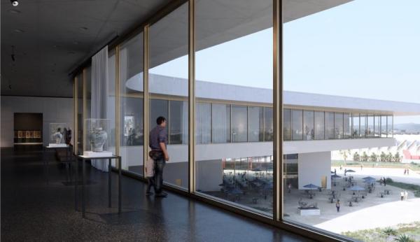 Rendering of a person looking out floor to ceiling windows of an art museum