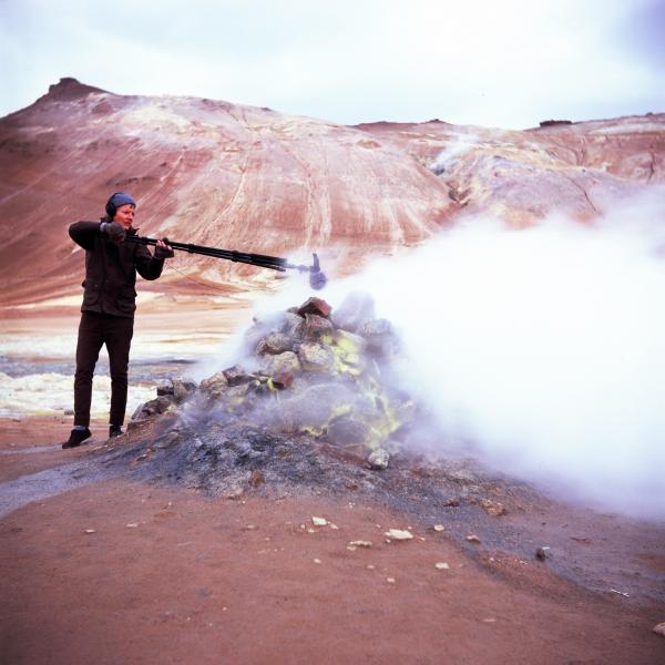 Curtis Tamm recording a fumarole in East Iceland for The Viscous Shape; photograph by collaborator Hemione Spriggs, 2016