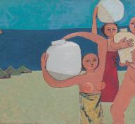 Painting of women on the beach holding jars