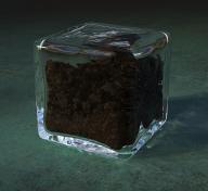 Photorealistic render of a glass block with thick and imperfect walls, mostly filled with spiraling white and blue metal strips. Caustics and refraction scatter light through the block and onto a floor like rusted copper