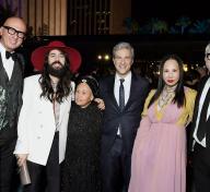 From Left: Marco Bizzarri, Alessandro Michele, Honoree Betye Saar, LACMA CEO & Director Michael Govan, LACMA Trustee Eva Chow, and Honoree Alfonso Cuarón attend the 2019 LACMA Art + Film Gala presented by Gucci at LACMA on November 2, 2019, photo by Charley Gallay/Getty Images for LACMA