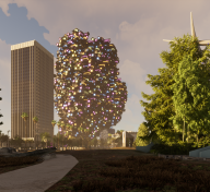 Digital image of urban landscape with skyscraper, trees, and architectural digital artwork
