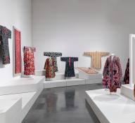 Installation photograph, Power of Pattern: Central Asian Ikats from the David and Elizabeth Reisbord Collection at the Los Angeles County Museum of Art