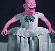 Painting of laughing pink man in dress