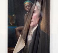 Painting of a woman emerging from behind a rumpled portrait of Thomas Jefferson