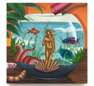 Painting of fishbowl containing fish, tentacles, plants, and a version of Botticelli's Venus made of hair