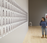 Eleanor Antin viewing Eleanor Antin: Time's Arrow at LACMA