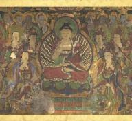 18th-century Korean painting depicting Seokgamoni Bul (Shakyamuni Buddha), Munsu Bosal (Bodhisattva Manjushri), Bohyeon Bosal (Bodhisattva Samantabhadra), and Entourage