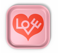 pink square tray with red heart in the center, with stylized "Love" spelled out in pink