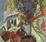 Colorful still-life painting of flowers and jugs