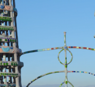 Aerial view of a section of the Watts Towers with colorful ornaments