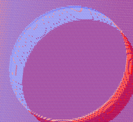 Digital image of a circular band that is red on the right side and blue on the left against a purple-pink background