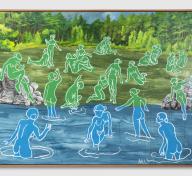 Painting with figures drawn on landscape