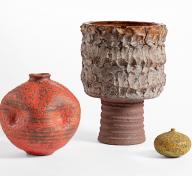 Doyle Lane, (left to right) Vase, c. 1965, Vessel, c. 1969, and Vase, c. 1967, largest: 10 3/8 × 7 1/2 (diameter) in., Los Angeles County Museum of Art, gift of the 2018 Decorative Arts and Design Acquisition Committee (DA²), photo © Museum Associates/LACMA