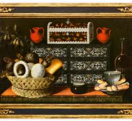 Still life painting with black and gold frame