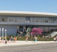 Rendering of exterior view of gray horizontal building with floor to ceiling glass