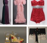  Clockwise from top left:  James Galanos, Woman’s Dress, 1975; Yves Saint Laurent, Woman’s Dress, Fall/Winter 1987–88; Catalina Sportswear, Woman’s Swimsuit, c. 1940; Child's Ceremonial Kimono with Pair of Mandarin Ducks, Blossoming Plum Tree, and Cherry Blossoms, Japan, Meiji period (1868-1912); Dolce & Gabbana, Woman’s Shoes, 2007