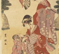 Japanese print of two women dancing with a monkey