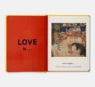 Open book with painting by Gustav Klimt and the words "Love is..."