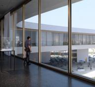 Rendering of art gallery with an adult and child looking out of floor to ceiling windows