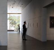 A person views art on the walls in a gallery with the outdoors visible in the background