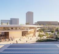 Exterior view of museum building, looking down on busy plaza