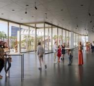 Rendering of gallery with floor to ceiling windows filled with art and people