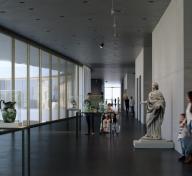 Rendering of gallery with art and visitors