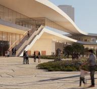 Exterior view of museum building with visitors