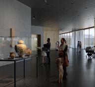 Rendering of interior view of visitors in art-filled gallery with floor-to-ceiling windows on the right