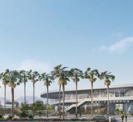 Exterior rendering of gray gallery building with palm trees and visitors in front