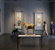 Rendering of gallery with Chinese scrolls and sculpture with visitors