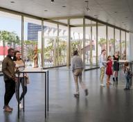 Rendering of gallery with floor-to-ceiling windows, art, and people