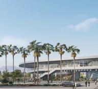 Rendering of gray building with palm trees and pedestrians