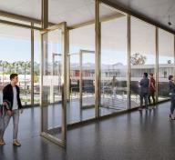 Rendering of visitors in gallery space with floor-to-ceiling windows