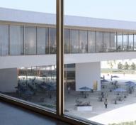 Rendering of people looking out of museum building to plaza