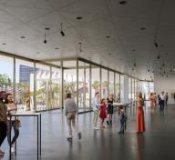 Rendering of visitors in gallery with floor to ceiling windows and art