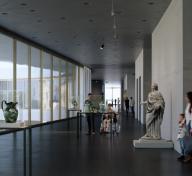 Rendering of gallery with art and people